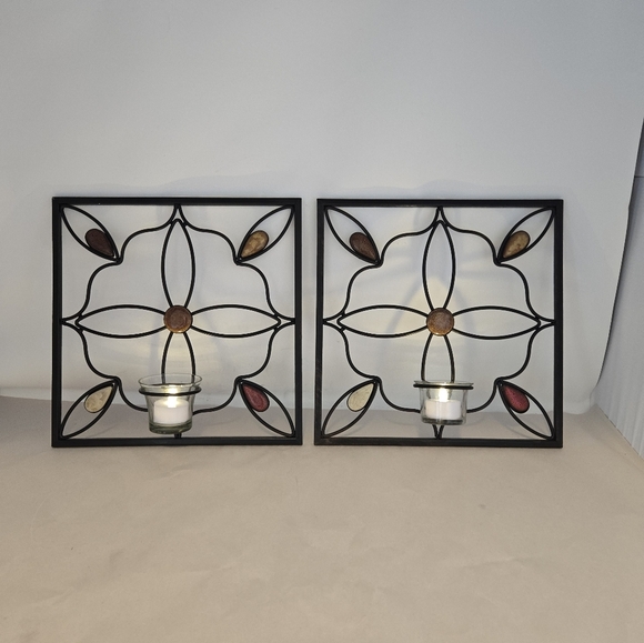 Elements Set Of 2 Wall Decor Candle Holders Black Metal Flower Design & Stones - Picture 2 of 14